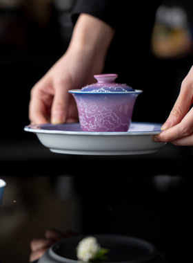 渐变紫色天马花口壶承釉下彩功夫茶具手绘珐华彩大号干泡盘茶点盘