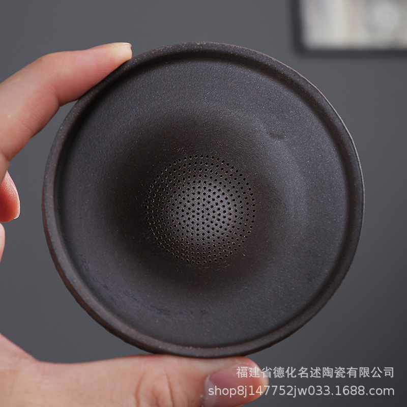 渔翁茶滤摆件陶瓷创意斗笠茶漏粗陶鎏金过滤网老岩泥茶叶过滤茶隔