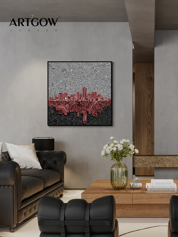 肌理浮雕装饰画现代美式城市地图工业风立体挂画客厅玄关书房壁画图片