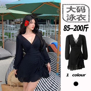 V领胖m大胸钢圈微胖遮肉黑色成人泡温泉 长袖 大码 泳衣女士连体裙式
