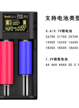 YONII R2智能18650锂电池充电器26650容量检测仪5号7号镍氢21700