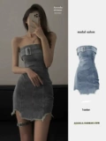Летний ретро джинсовый топ без лямок, небольшое дизайнерское платье, модная мини-юбка, в американском стиле, тренд сезона, А-силуэт
