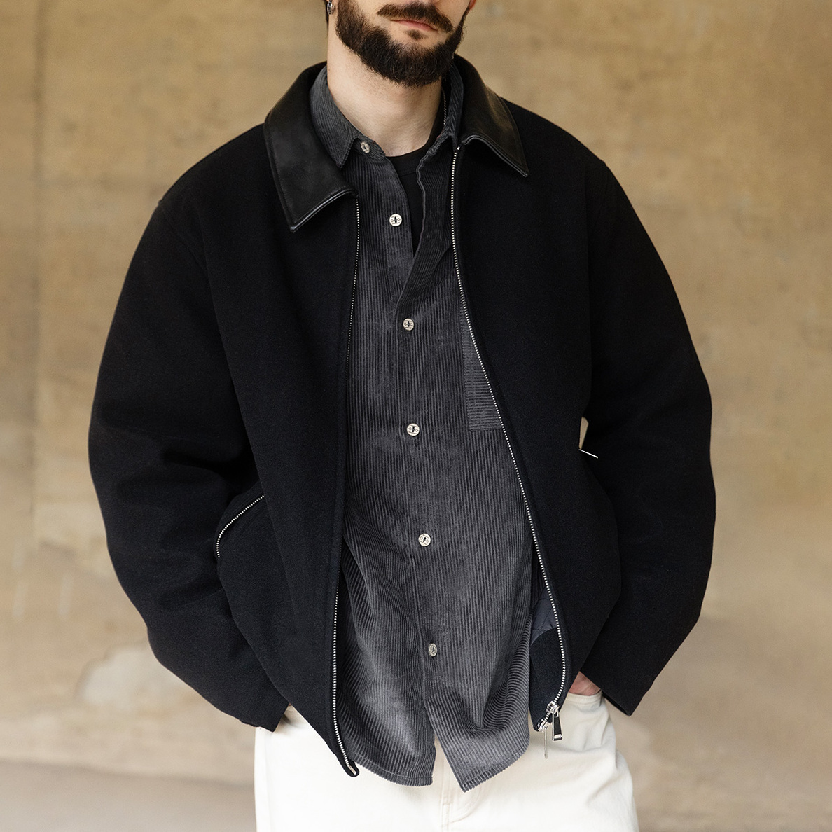 MRA男装 双拉链毛呢棉衣服羊皮领面拼接短款外套加绒行政夹克男冬