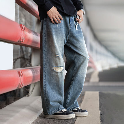 MRA男装 复古内华达水洗猫须直筒软牛仔裤不规则破洞浅蓝长裤男秋