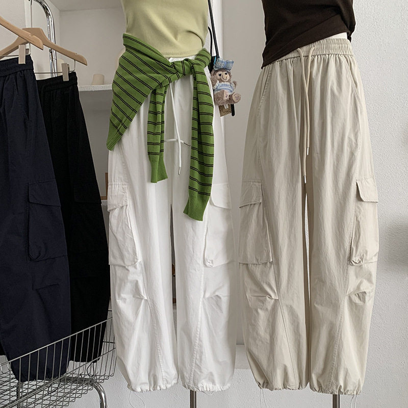松紧高腰抽绳口袋复古工装裤百搭休闲阔腿裤春季新款,女装/女士精品,休闲裤,淘宝优惠券,粉丝福利购,淘宝优惠卷