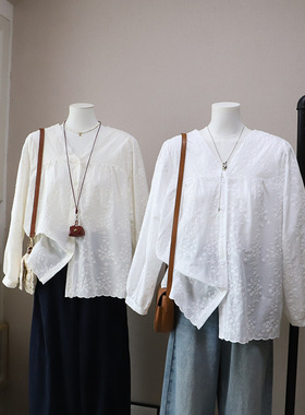 []早春新款韩版气质领宽松显瘦刺绣泡泡长袖衬衫女