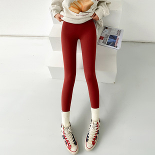 春款薄绒打底裤磨毛九分裤子微保暖打底过年喜庆节日女裤