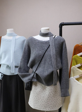 []秋冬新款韩版飘带减龄收腰显瘦百搭套头毛衣女