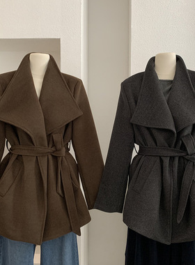 大翻领系带收腰显瘦中长款高级感气质毛呢大衣