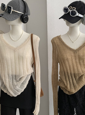 纯欲风辣妹显瘦领针织衫上衣女春季新款坑条长袖内搭