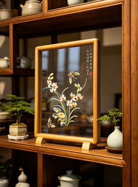 中式透明悬浮刺绣装饰画成品