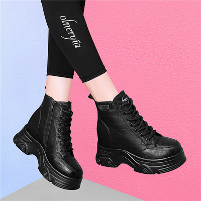 厚底短靴女秋冬季2025年新款中跟女士皮鞋加绒内增高黑色爆款靴子