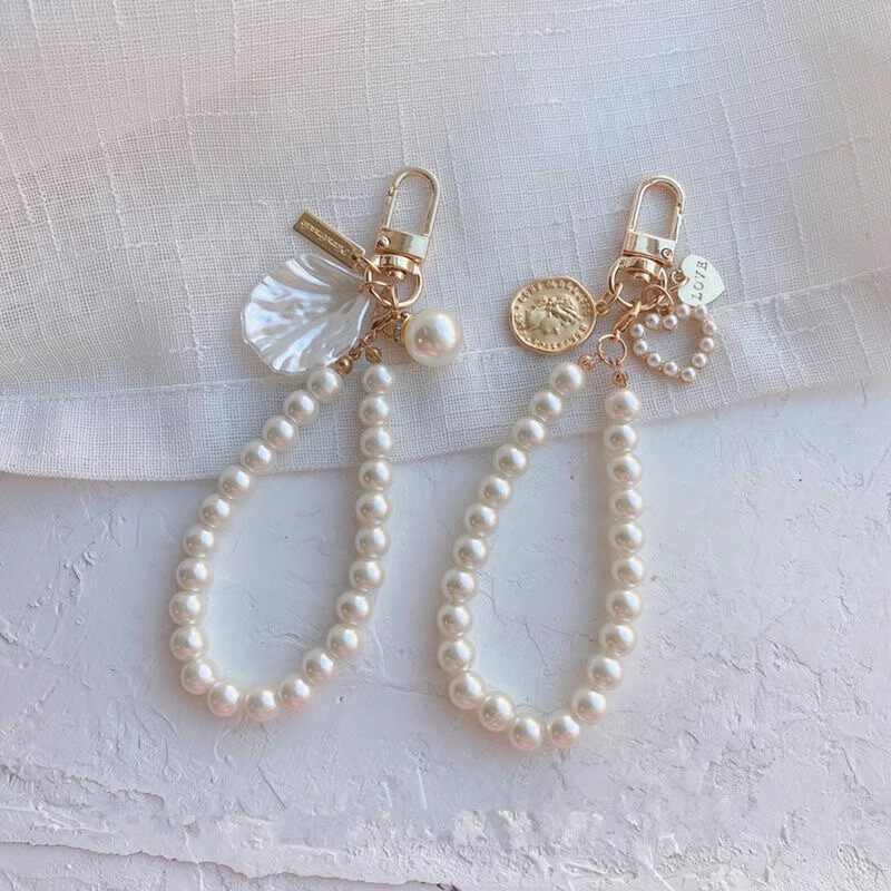 原创复古小香风珍珠链仿贝壳花片小巧精致钥匙链包包挂件挂饰创意