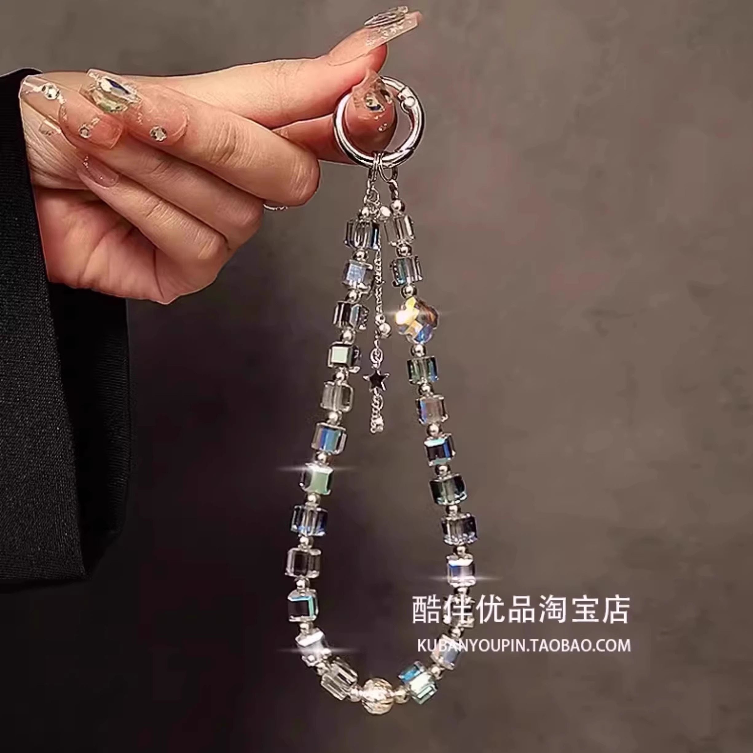 奢华高级感水晶串珠手提链手腕短挂绳带夹片手机壳钥匙扣包包挂件