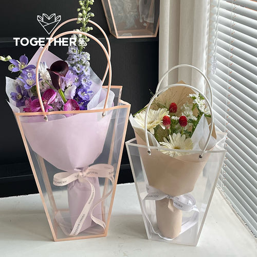 苁丛 pvc梯形透明手提袋 鲜花花束手提袋 包装礼品袋