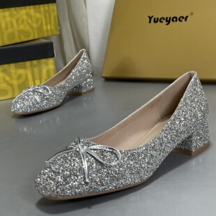 月芽儿真皮内里法式低跟单鞋女2026春新款蝴蝶结浅口亮片玛丽珍鞋