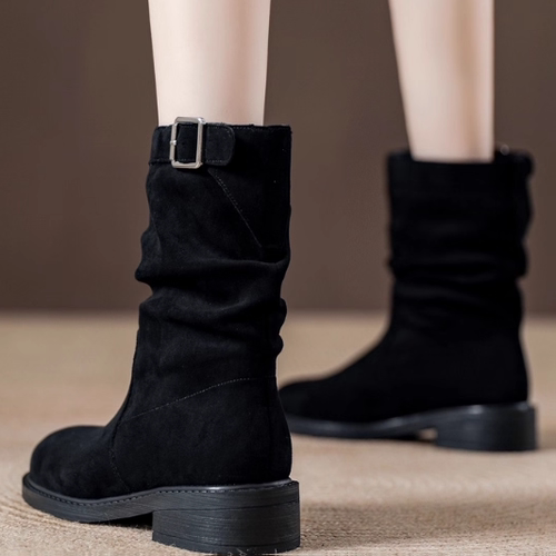 羊绒真皮厚底堆堆靴女2025秋冬加绒复古短靴子圆头褶皱套筒中筒靴