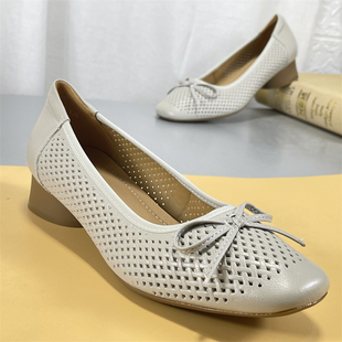 头层牛皮镂空凉鞋2026春夏休闲蝴蝶结豆豆鞋女鞋浅口真皮软底单鞋