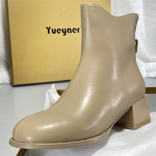 月牙儿正品切尔西靴真皮高跟鞋女粗跟圆头短靴女靴秋冬法式瘦瘦靴