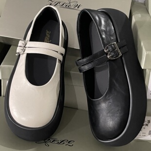 一字扣带小皮鞋 浅口松糕厚底单鞋 女2025春秋新款 复古真皮玛丽珍鞋