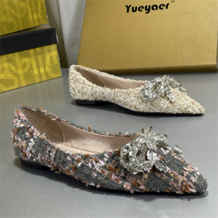 百搭浅口蝴蝶结尖头平底鞋 女新款 水钻气质单鞋 月芽儿真皮内里法式