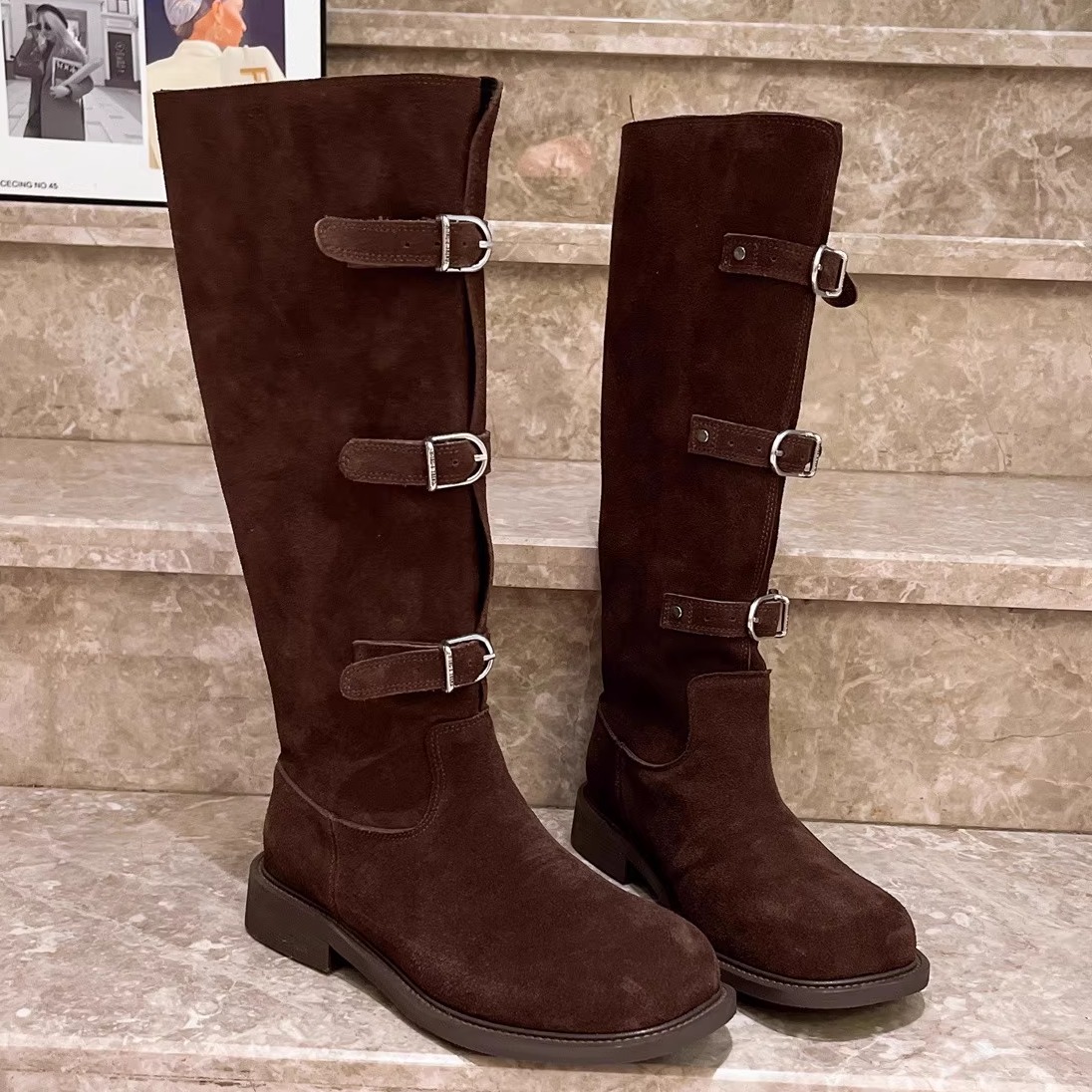 头层牛皮复古皮带扣粗跟西部靴不过膝骑士靴长筒靴马丁靴堆堆靴子