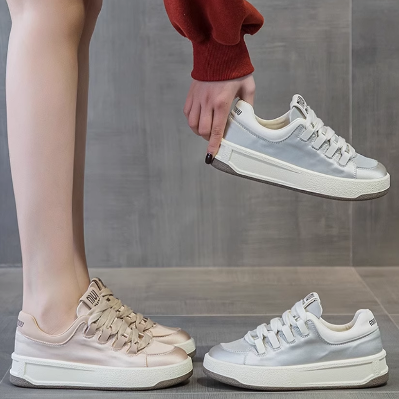 专柜正品厚底得训鞋休闲板鞋2025新款真皮运动鞋系带绸缎小白鞋,女鞋,时尚休闲鞋,淘宝优惠券,粉丝福利购,淘宝优惠卷