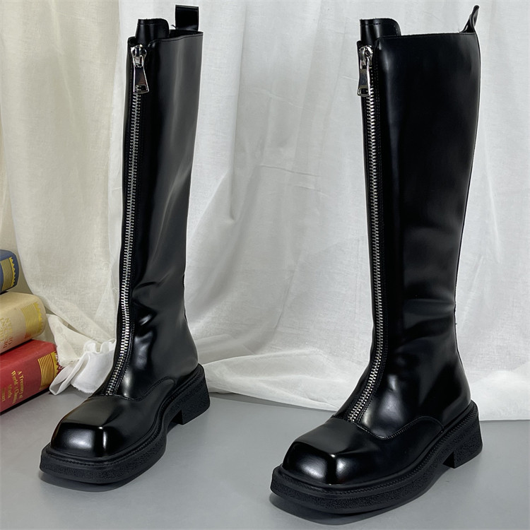 方头骑士靴真皮英伦厚底前拉链复古机车靴秋冬款不过膝长靴时装靴,女鞋,骑士靴,淘宝优惠券,粉丝福利购,淘宝优惠卷