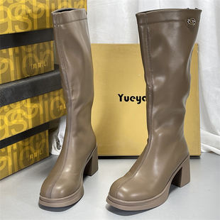 月芽儿骑士靴女真皮2025秋冬新款 显瘦不过膝长筒靴高筒厚底瘦瘦靴
