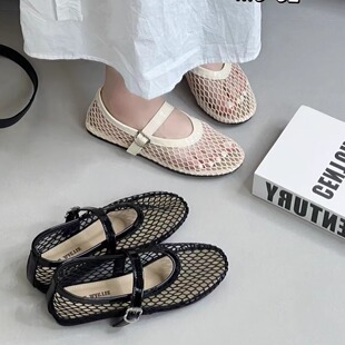 牛漆皮芭蕾舞鞋女平底鞋镂空玛丽珍单鞋渔网鞋2025新款凉鞋网面鞋