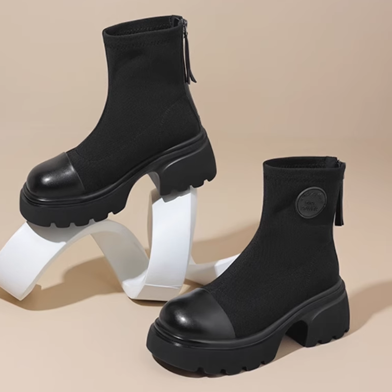 头层牛皮马丁靴~2024秋冬款加绒英伦风复古后拉链粗跟真皮瘦瘦靴