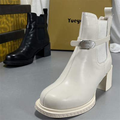 月芽儿正品加绒瘦瘦靴头层牛皮短靴女粗跟高跟复古套筒切尔西靴子