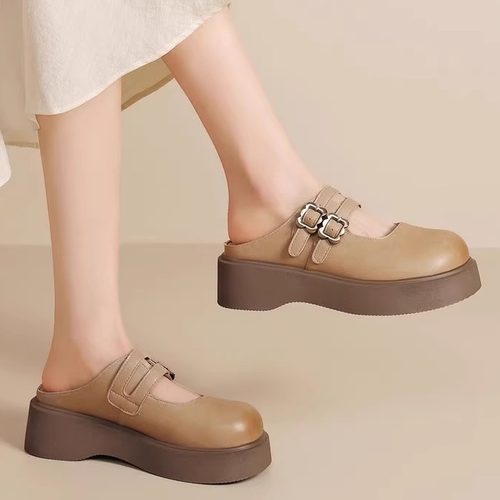 撤柜真皮厚底包头半拖鞋女款2025新款一脚蹬百搭增高玛丽珍单鞋