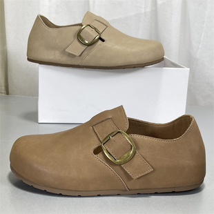 真皮厚底勃肯鞋2026春季新款百搭舒适简约时尚复古圆头休闲女单鞋