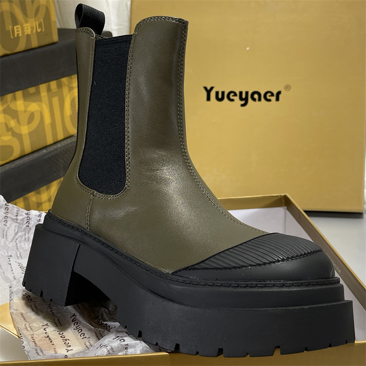 月芽儿切尔西靴女头层牛皮烟筒靴厚底瘦瘦靴圆头小个子粗跟马丁靴