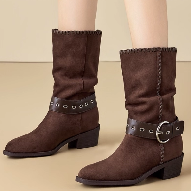 专柜正品羊反绒皮复古西部靴女2025秋冬美拉德骑士靴尖头堆堆短靴,女鞋,切尔西靴,淘宝优惠券,粉丝福利购,淘宝优惠卷