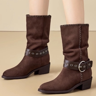 专柜正品羊反绒皮复古西部靴女2025秋冬美拉德骑士靴尖头堆堆短靴