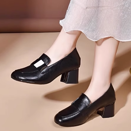 专柜正品女鞋5cm 头层牛皮乐福鞋真皮粗跟单鞋百搭中跟圆头工作鞋