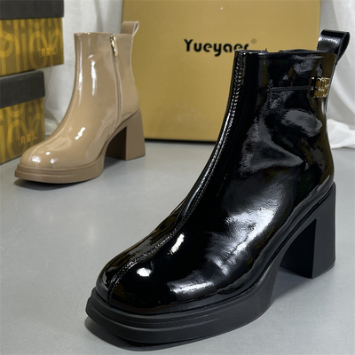 月芽儿牛漆皮短靴真皮瘦瘦靴女高跟短靴圆头粗跟时装靴加绒棉靴子