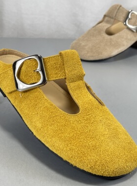 牛反绒皮3cm勃肯鞋女2026新款春夏季一脚蹬懒人真皮半拖博肯鞋子