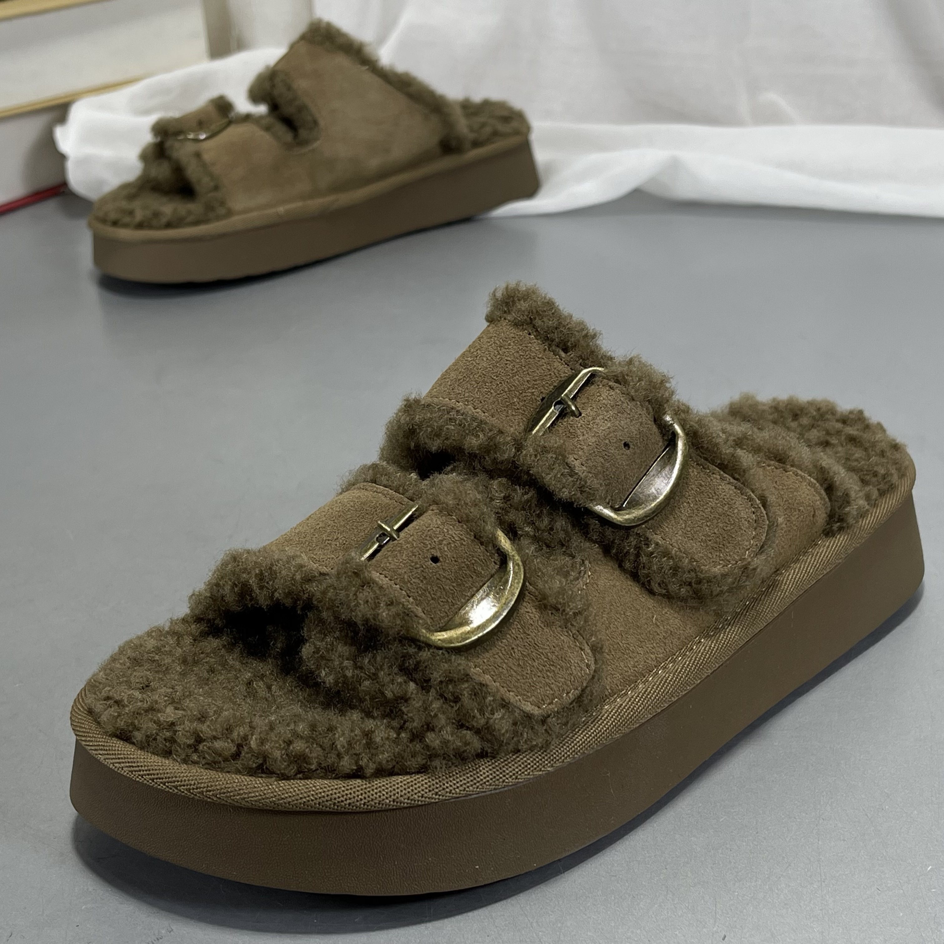 品牌撤柜磨砂真皮平底勃肯拖女羊羔毛秋冬款厚底一字拖加绒毛拖鞋,女鞋,勃肯鞋/软木鞋,淘宝优惠券,粉丝福利购,淘宝优惠卷
