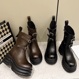 8cm厚底马丁靴女真皮英伦风加绒内增高中筒女靴厚底小个子棉靴子