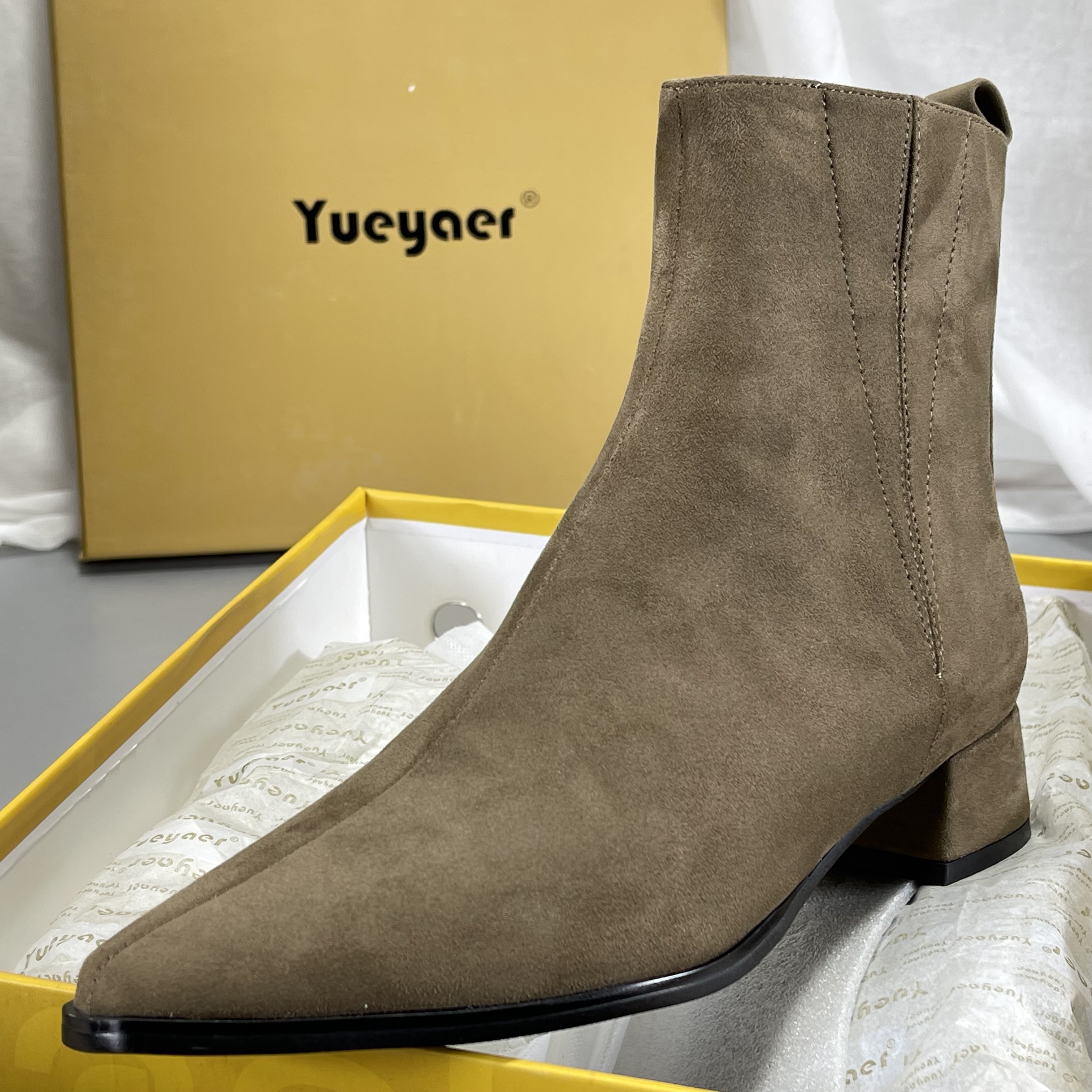 月芽儿羊皮切尔西靴秋冬加绒复古西部牛仔靴尖头法式短靴女瘦瘦靴