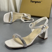 一字扣带仙女风露趾配裙子高跟鞋 月芽儿水钻凉鞋 女粗跟2026夏新款