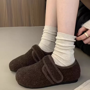 品牌女鞋复古森系魔术贴毛呢勃肯鞋冬季加绒毛毛鞋一脚蹬保暖棉鞋