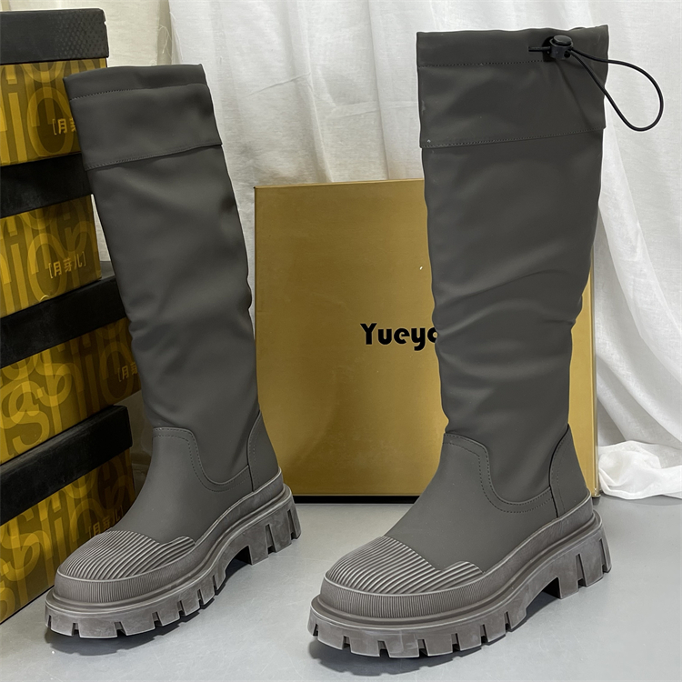 月芽儿专柜复古圆头休闲长筒靴户外厚底可调节抽绳短筒骑士靴捡漏