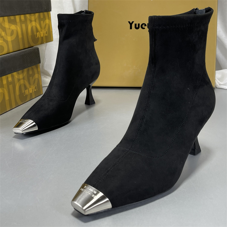 月芽羊绒皮高跟短靴裸靴女士秋冬加绒金属方头绒面细跟弹力瘦瘦靴