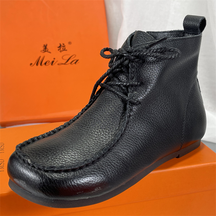 复古手工高帮女鞋2025秋冬新款平底舒适短靴头层牛皮民族风妈妈鞋