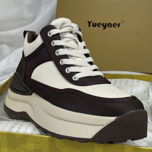 月芽儿厚底高帮休闲鞋女真皮复古百搭运动鞋休闲运动鞋高帮短靴子