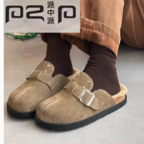 专柜正品厚底羊羔毛磨砂皮包头拖鞋女鞋2025秋冬休闲毛毛拖勃肯鞋